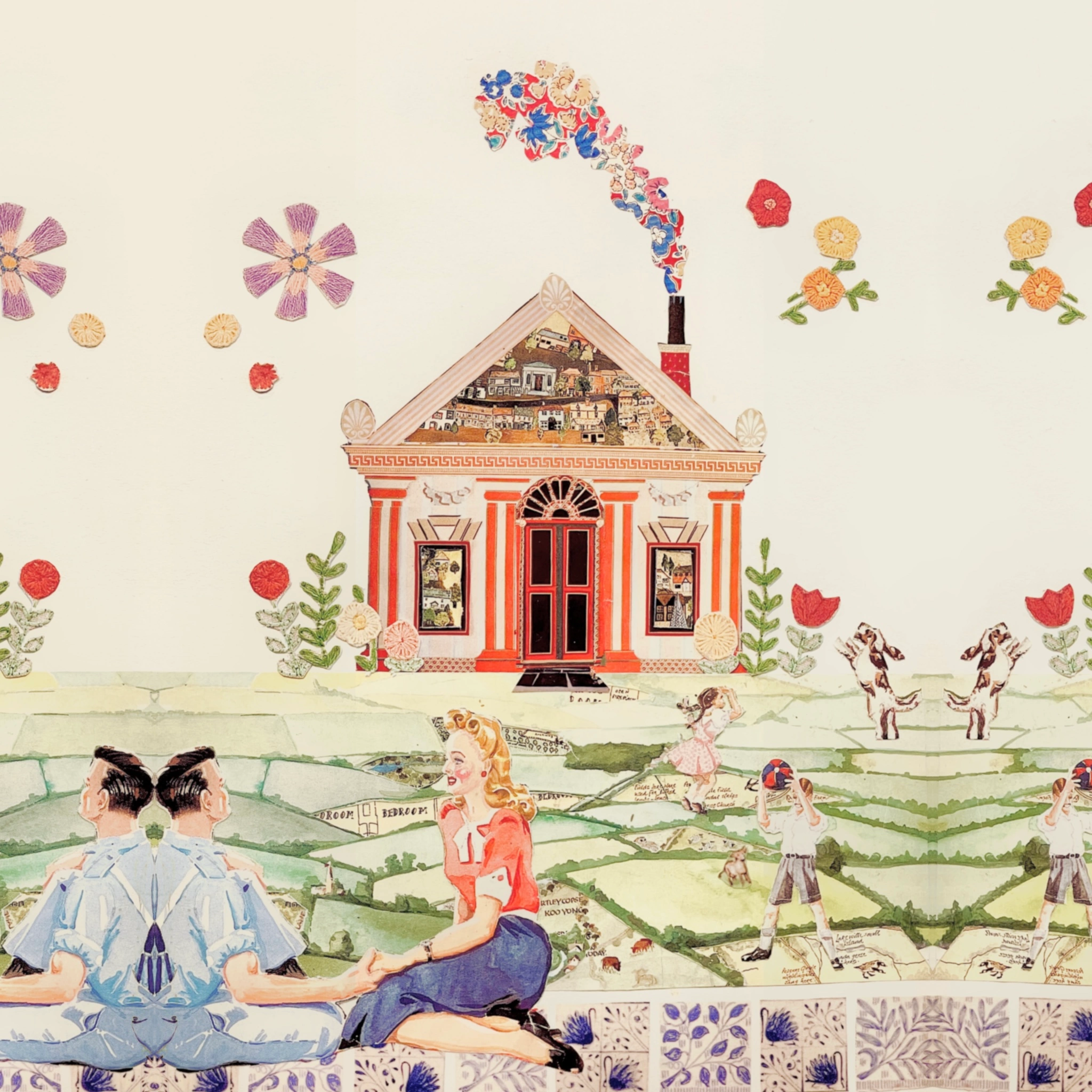collage of a happy family with children playing in the fields in front of their home